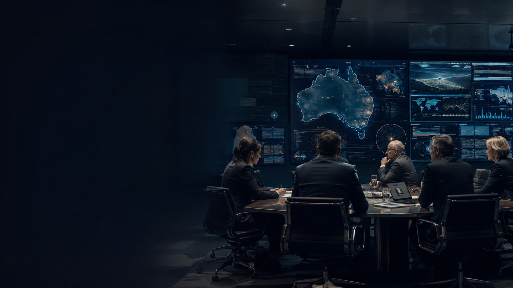 Government program leaders reviewing sovereign capability data in a secure operations room.