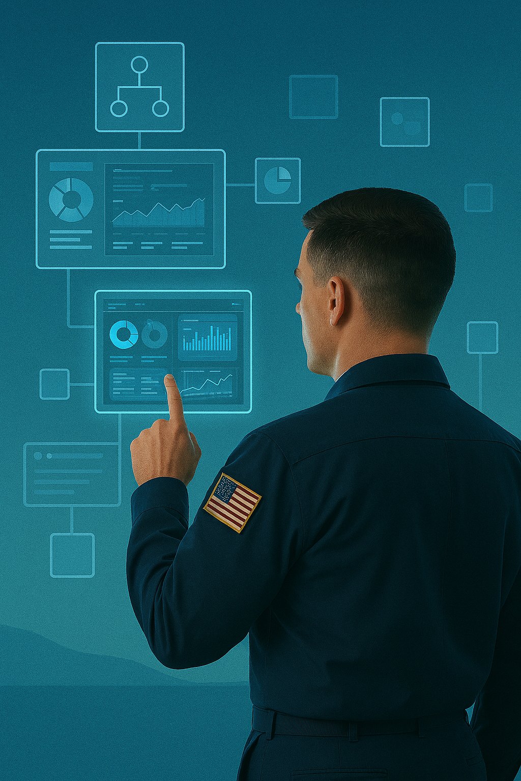 A Defence program officer working through automated CDRL reporting panels on a touch interface.