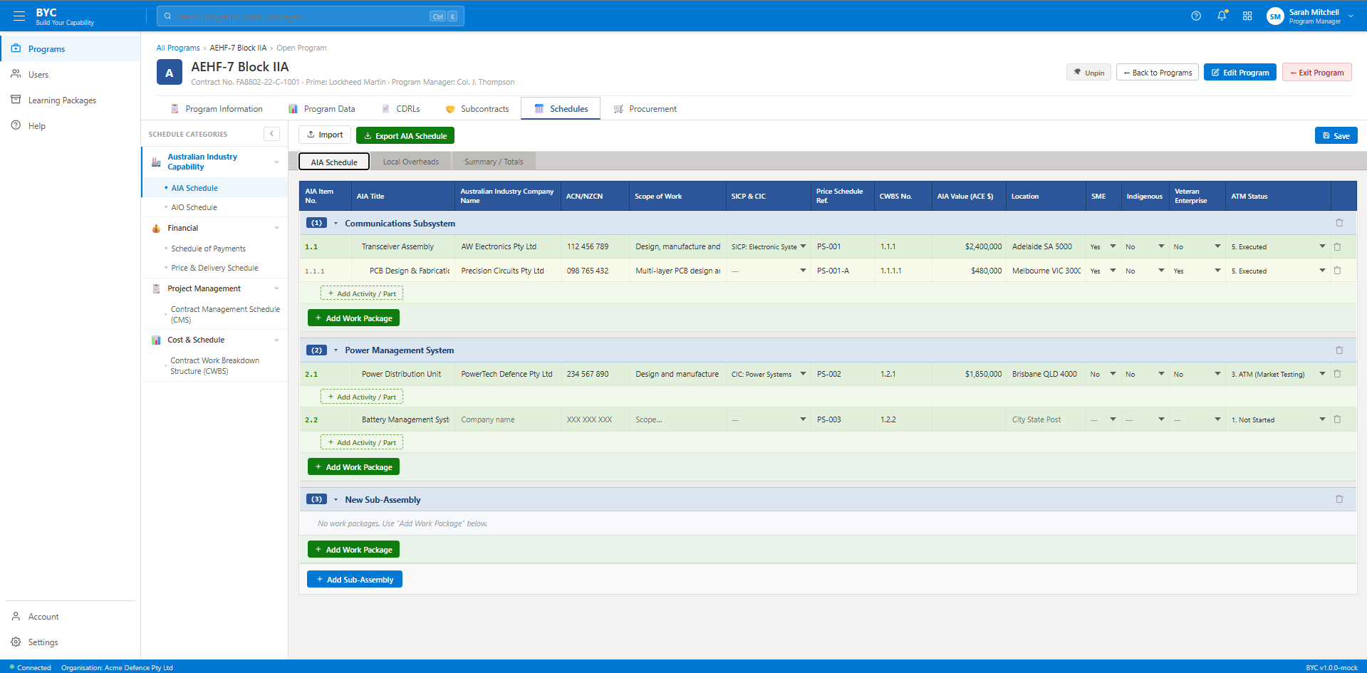BYC AIA schedule screen showing work packages, company details, values, and ATM status.